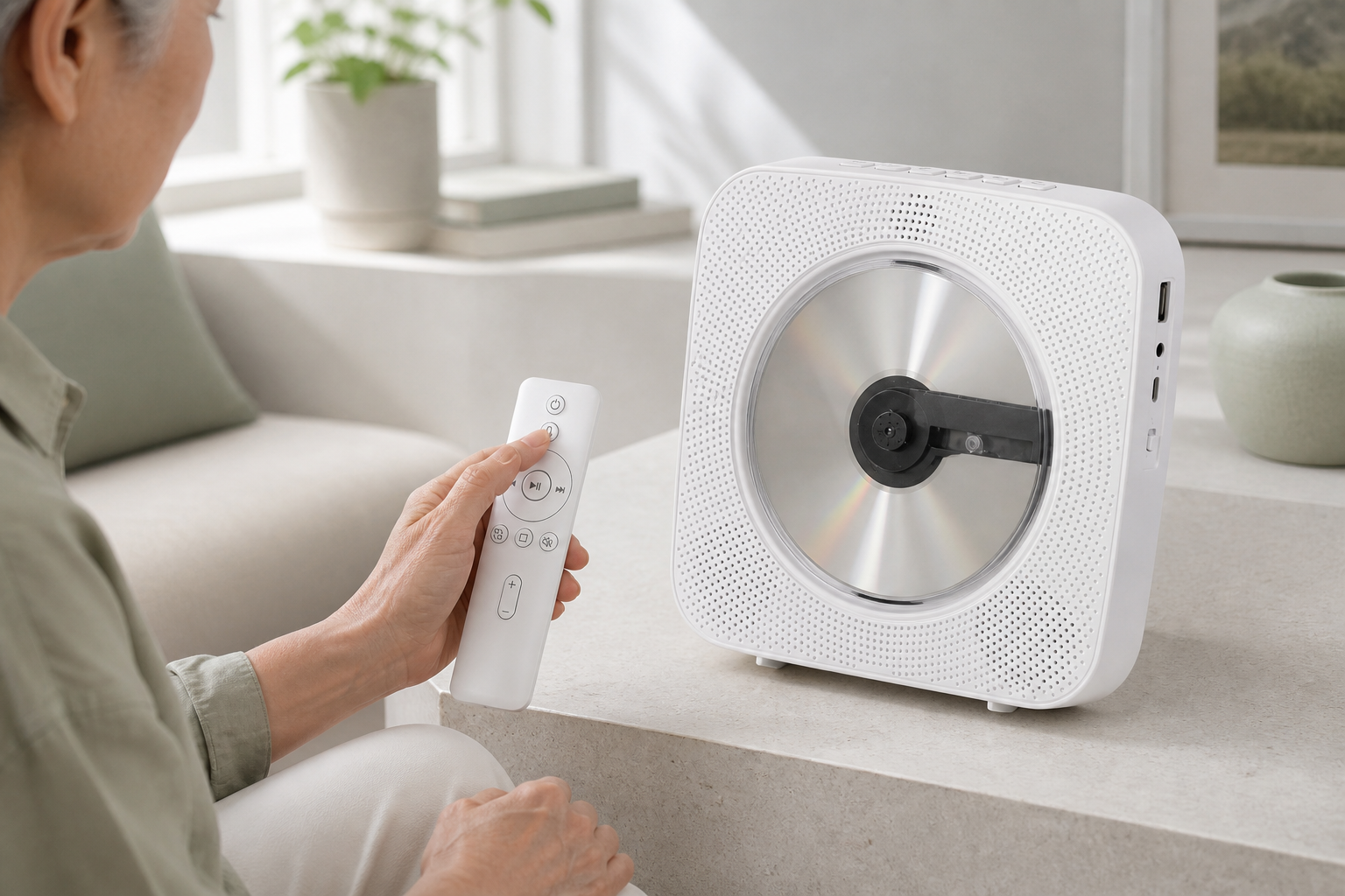 Older adult pressing the voice button on the Gueray Y01 Voice remote while a CD plays behind the closed transparent lid