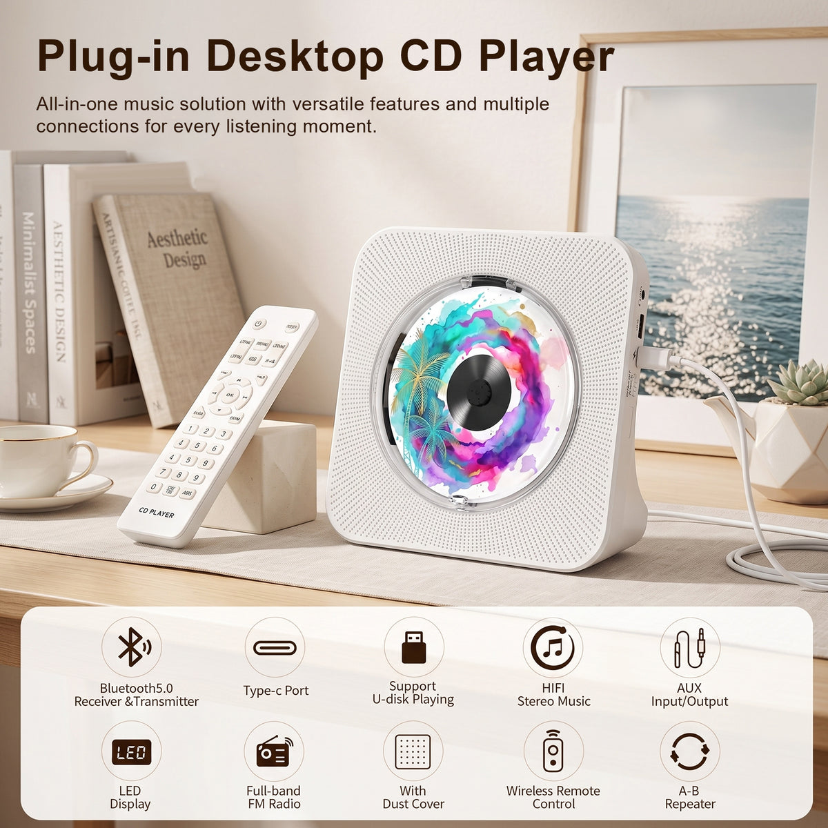 Gueray KC906 蓝牙CD播放器，配备Hi-Fi扬声器、FM收音和USB接口，黑色金属设计，显示屏和控制按钮