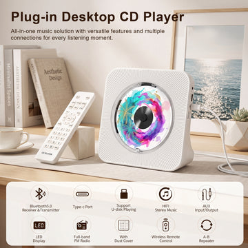 Gueray KC906 蓝牙CD播放器，配备Hi-Fi扬声器、FM收音和USB接口，黑色金属设计，显示屏和控制按钮