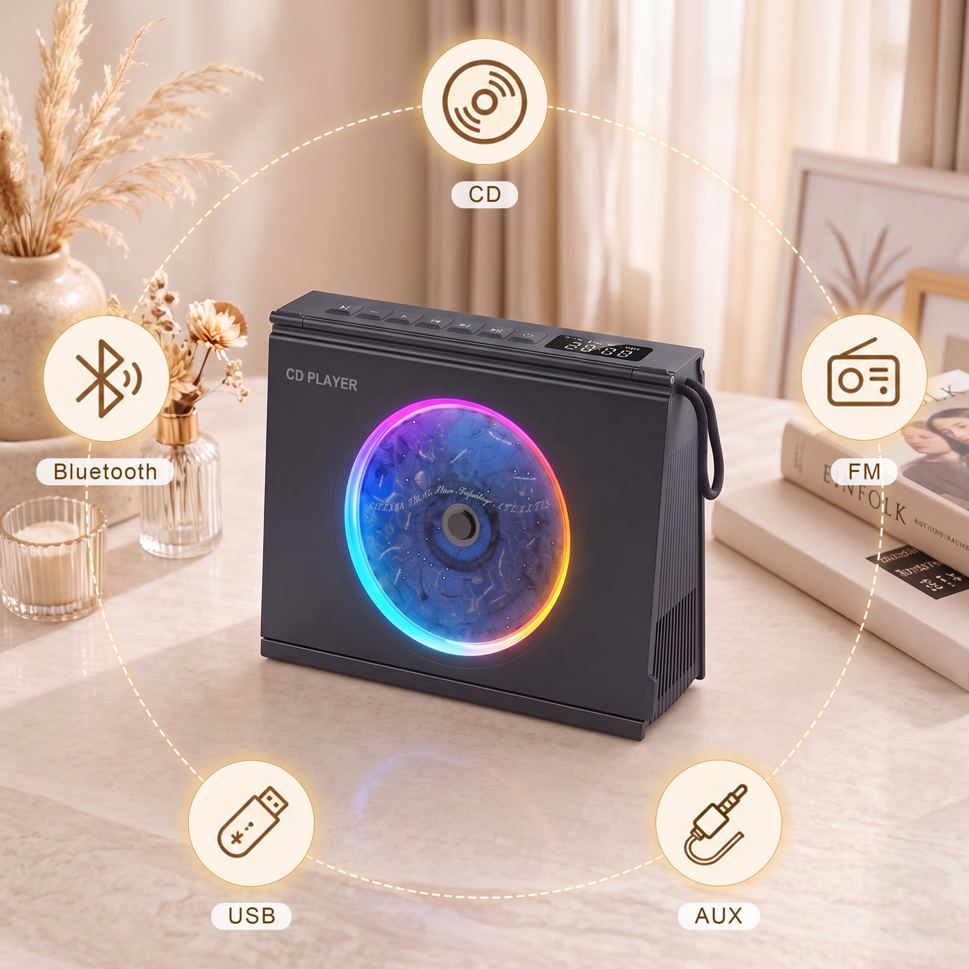 吉尔雷Y03便携蓝牙CD播放器，带情绪灯，黑色设计，显示屏和控制按钮，适合桌面使用。