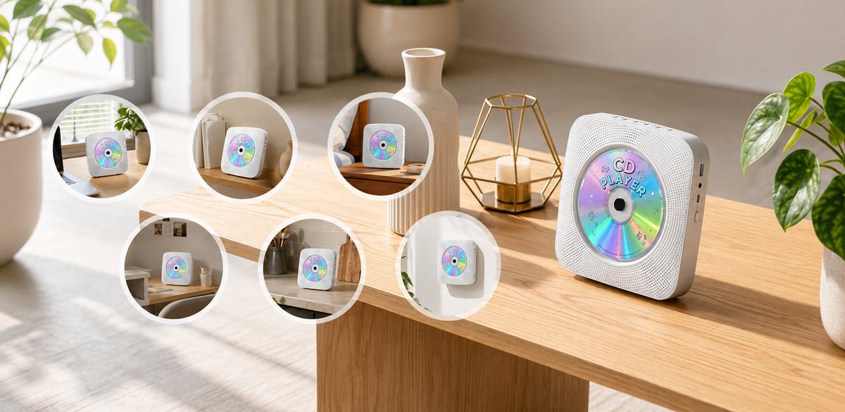 Gueray Y01便携式CD播放器，带蓝牙、扬声器和FM收音功能，黑色设计，显示屏和控制按钮