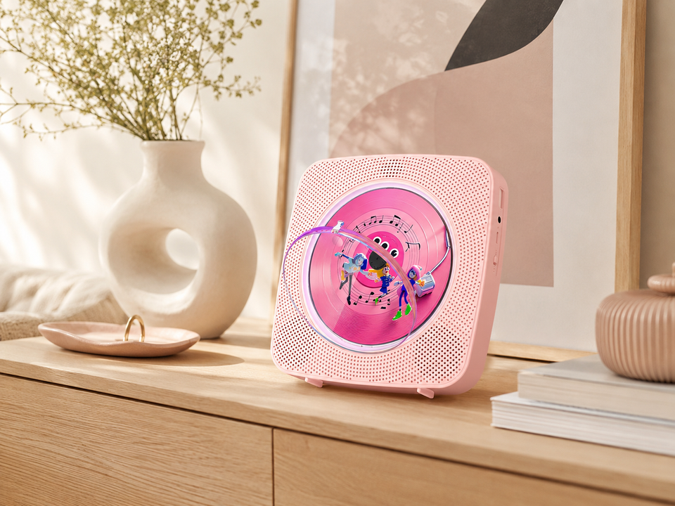 A CD player placed as part of a home room setup