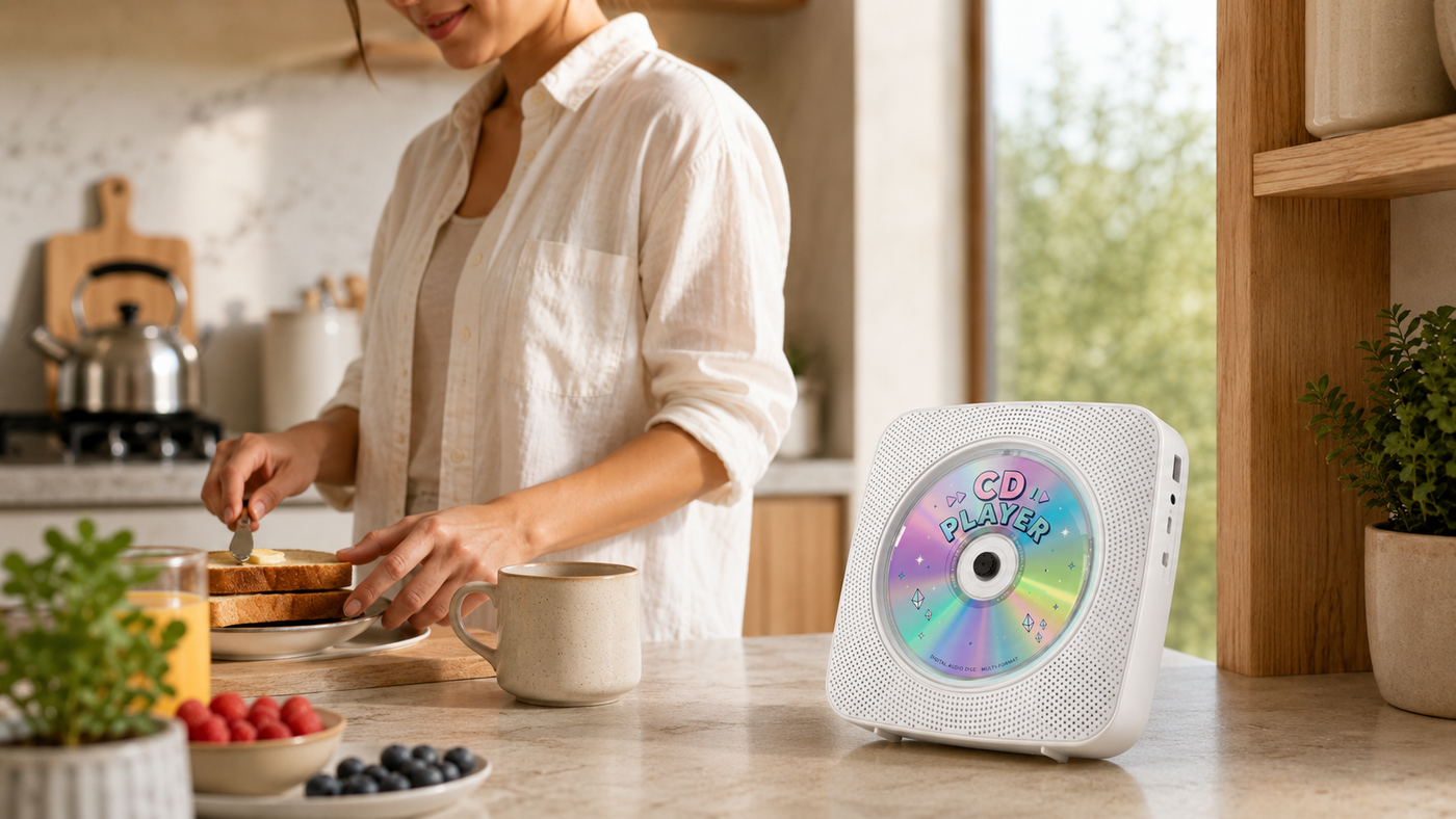 Gueray Y01便携式CD播放器，蓝牙连接、扬声器和FM收音功能，黑色设计，显示屏和控制按钮清晰可见