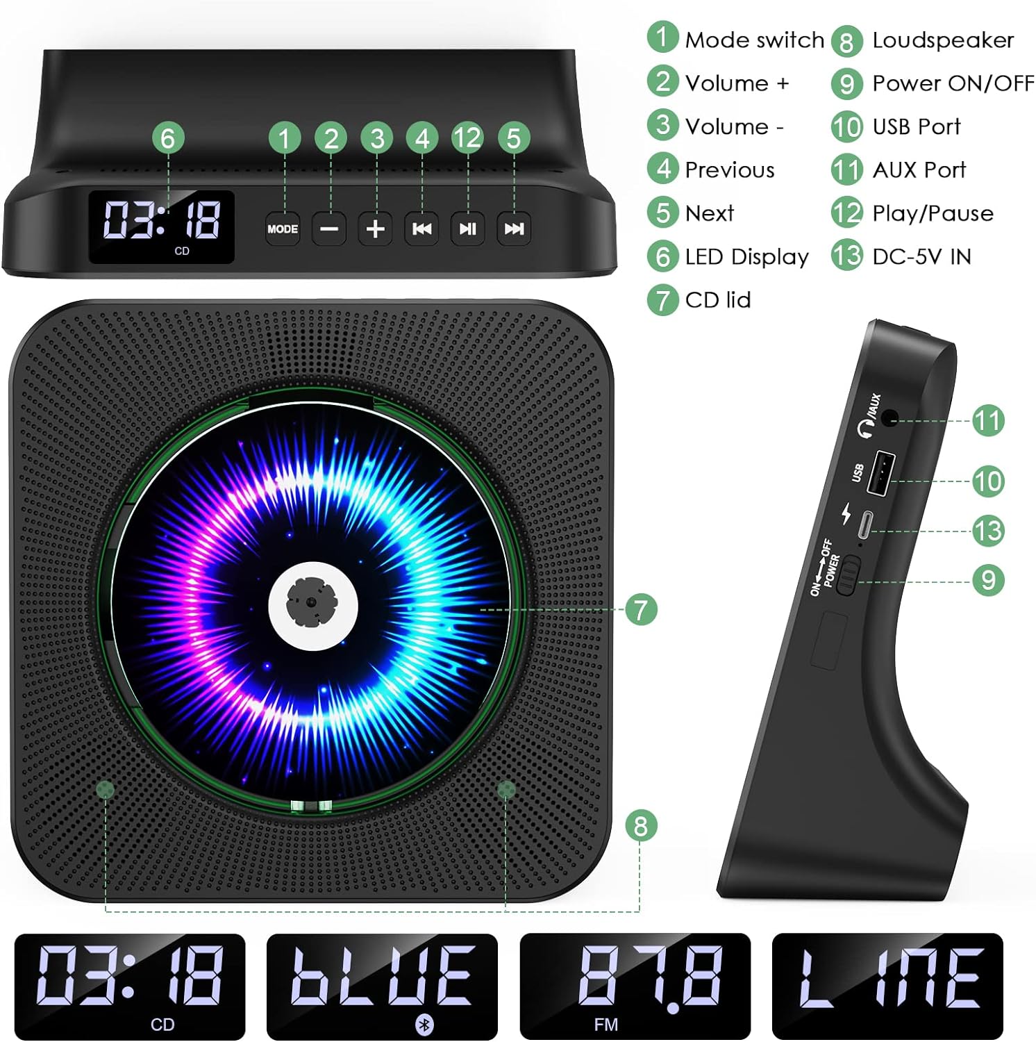 Gueray CD Player Portable Bluetooth Desktop Black & White - GuerayGueray CD Player Portable Bluetooth Desktop Black & White