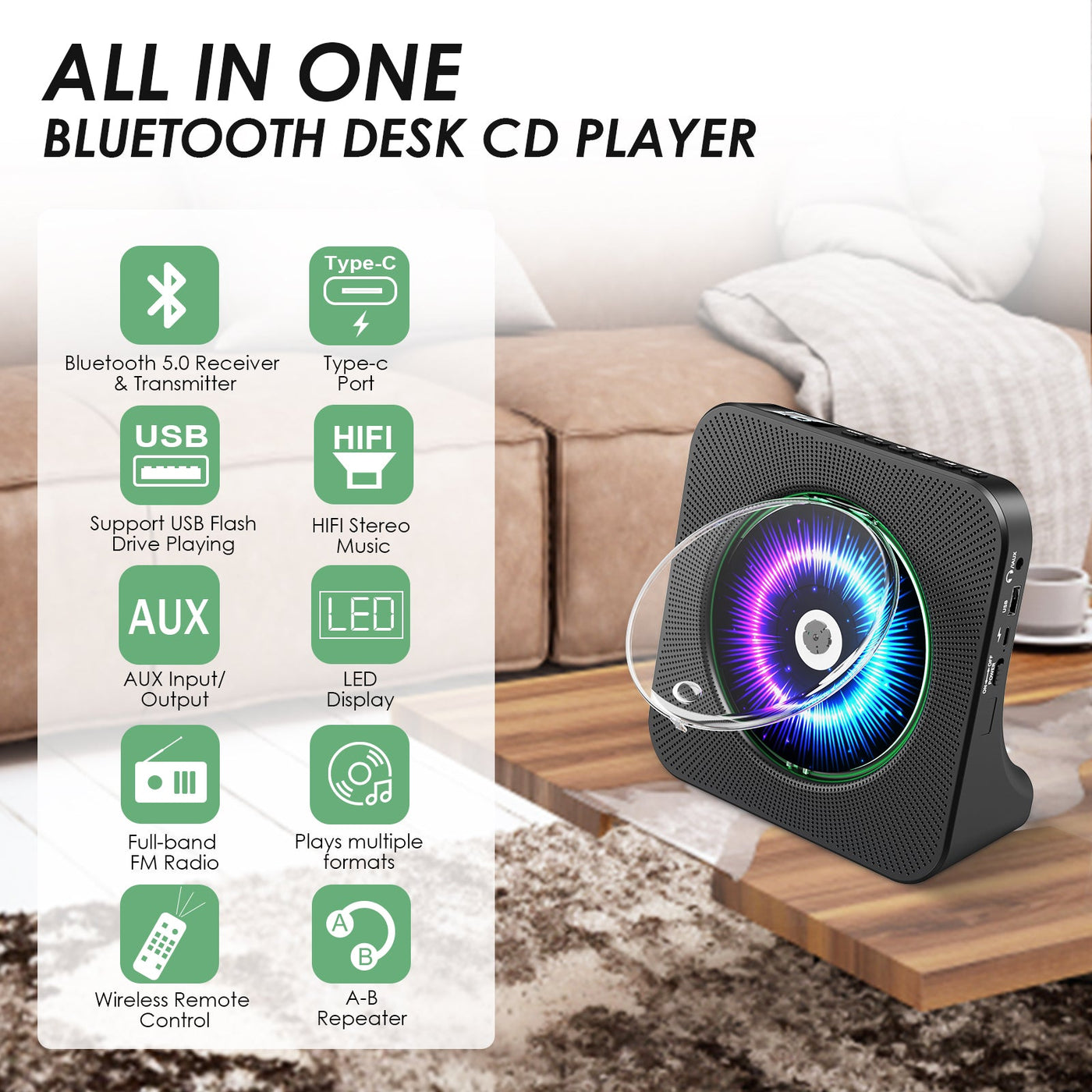 Gueray CD Player Portable Bluetooth Desktop Black & White - GuerayGueray CD Player Portable Bluetooth Desktop Black & White