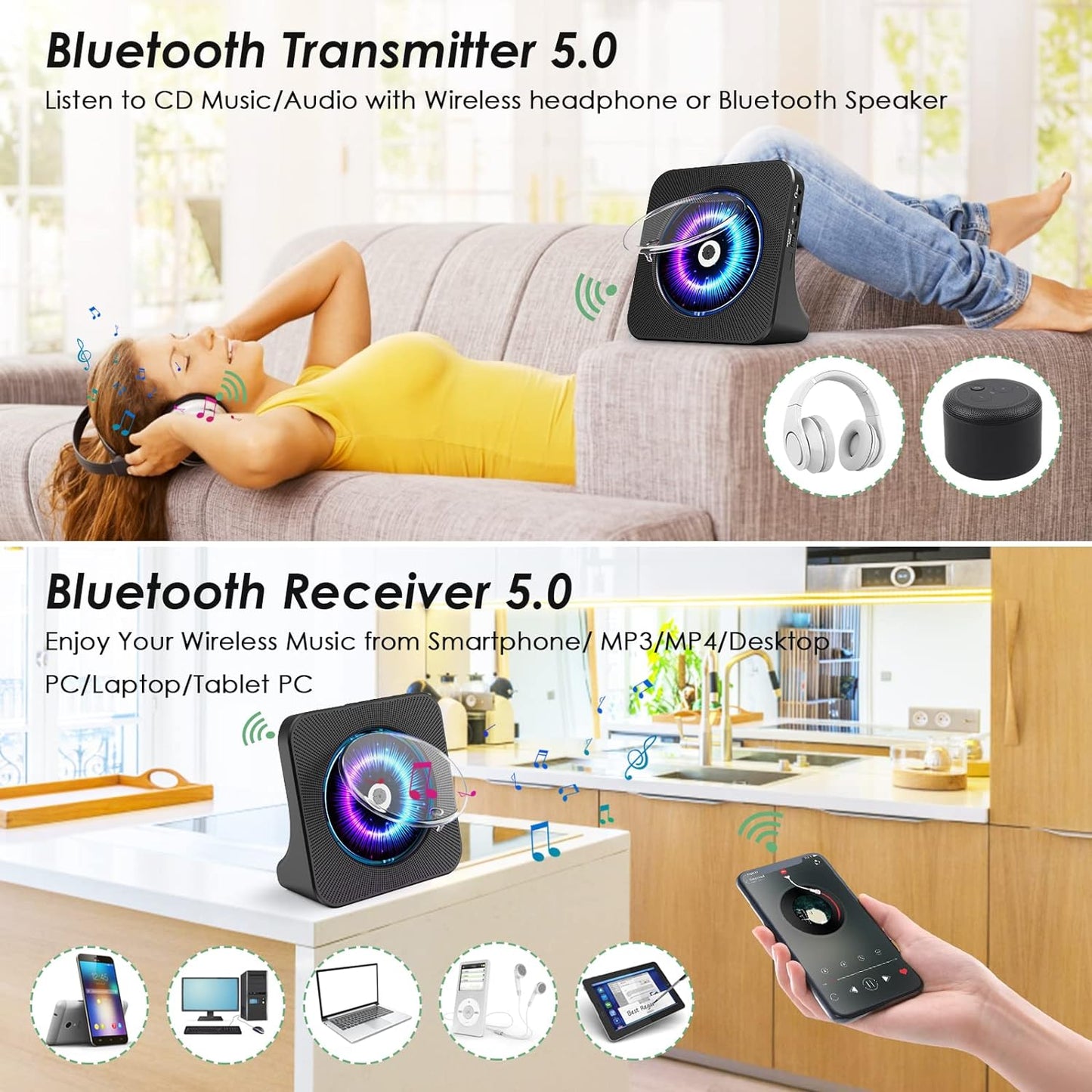 Gueray CD Player Portable Bluetooth Desktop Black & White - GuerayGueray CD Player Portable Bluetooth Desktop Black & White