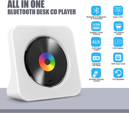 Gueray Portable Bluetooth CD Player – Desktop Design, High - Quality Sound, White - GuerayGueray Portable Bluetooth CD Player – Desktop Design, High - Quality Sound, White