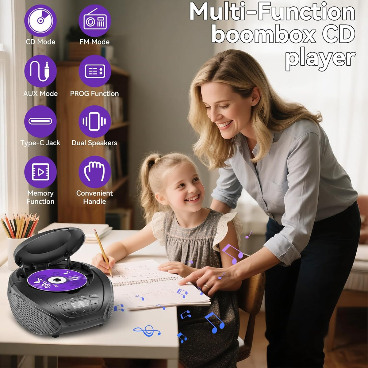 Gueray portable CD player feature guide showing CD, FM, AUX, Type-C and dual speakers