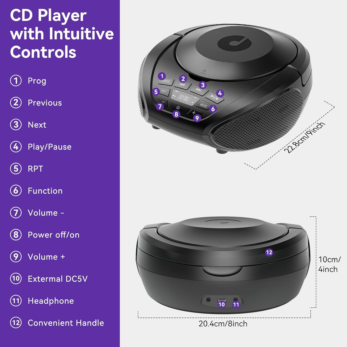 Gueray portable CD player controls, ports, handle and product dimensions