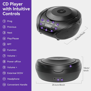 Gueray portable CD player controls, ports, handle and product dimensions