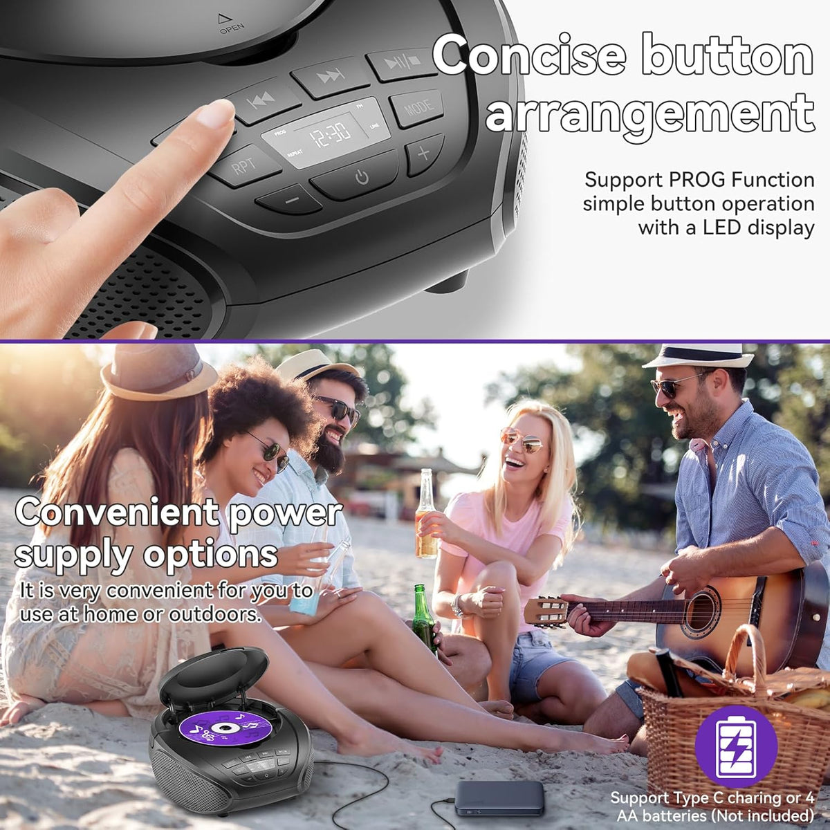 Gueray boombox CD player controls and Type-C or AA battery power options