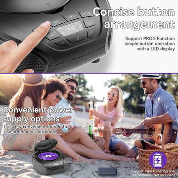 Gueray boombox CD player controls and Type-C or AA battery power options