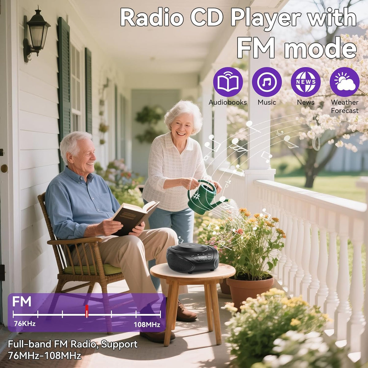 Gueray portable CD player used as an FM radio on a porch
