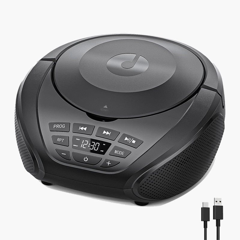 Gueray black portable boombox CD player with dual speakers, display and USB-C cable