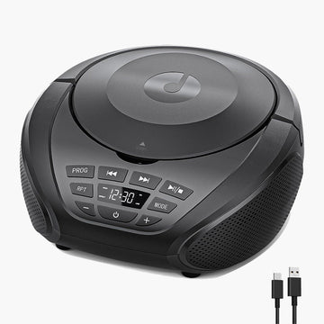 Gueray black portable boombox CD player with dual speakers, display and USB-C cable