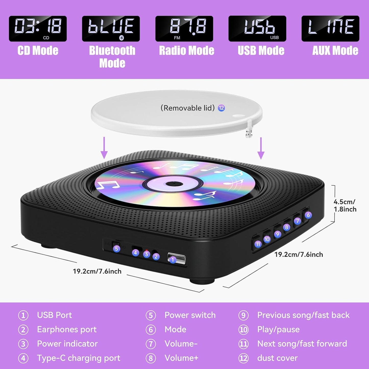 Gueray Y01 Portable CD Player – Bluetooth Hi - Fi Speaker, Wall Mountable - GuerayGueray Y01 Portable CD Player – Bluetooth Hi - Fi Speaker, Wall Mountable