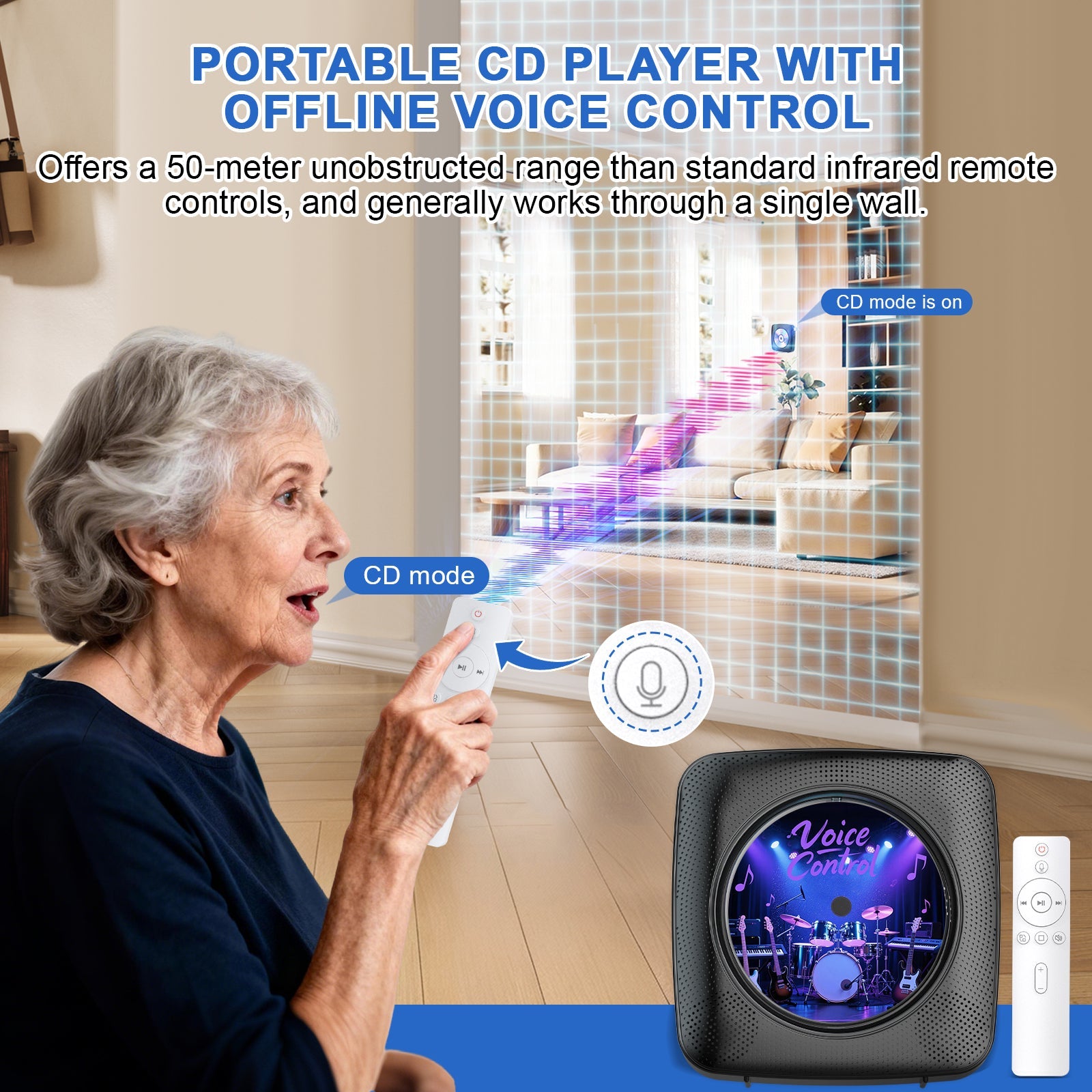 Gueray Y01 Voice - Controlled Portable CD Player – FM Radio - 1800mAh Rechargeable Battery