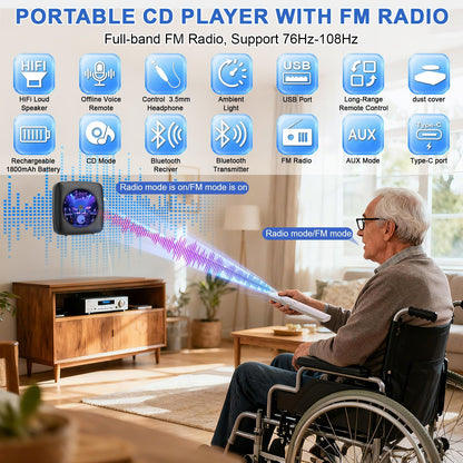 Gueray Y01 Voice - Controlled Portable CD Player – FM Radio - 1800mAh Rechargeable Battery