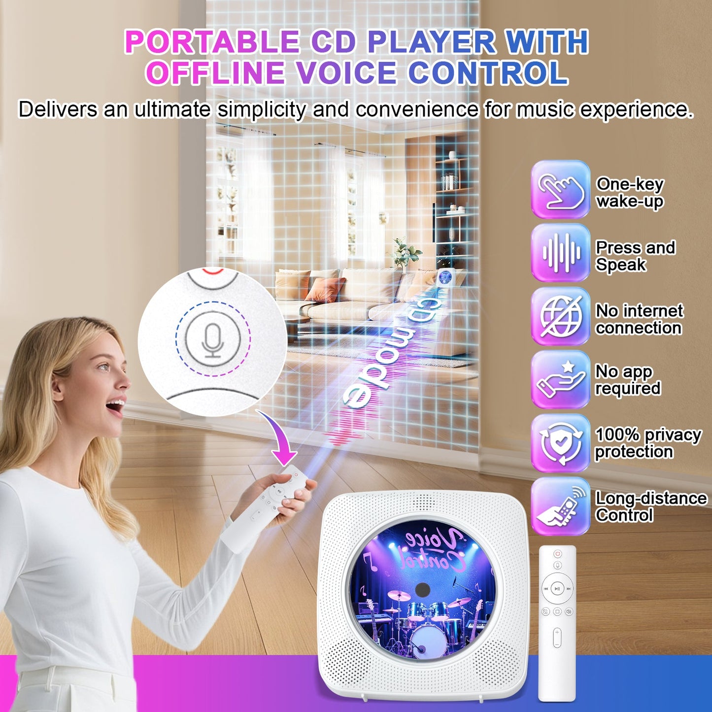 Gueray Y01 Voice - Controlled Portable CD Player – Hi - Fi Speaker - 1800mAh Rechargeable Battery