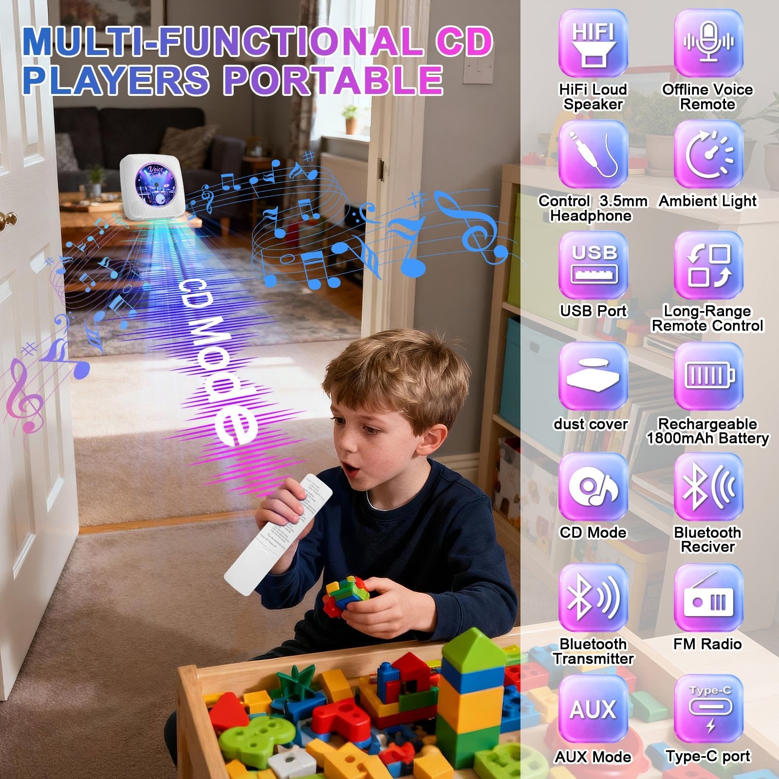 Gueray Y01 Voice - Controlled Portable CD Player – Hi - Fi Speaker - 1800mAh Rechargeable Battery