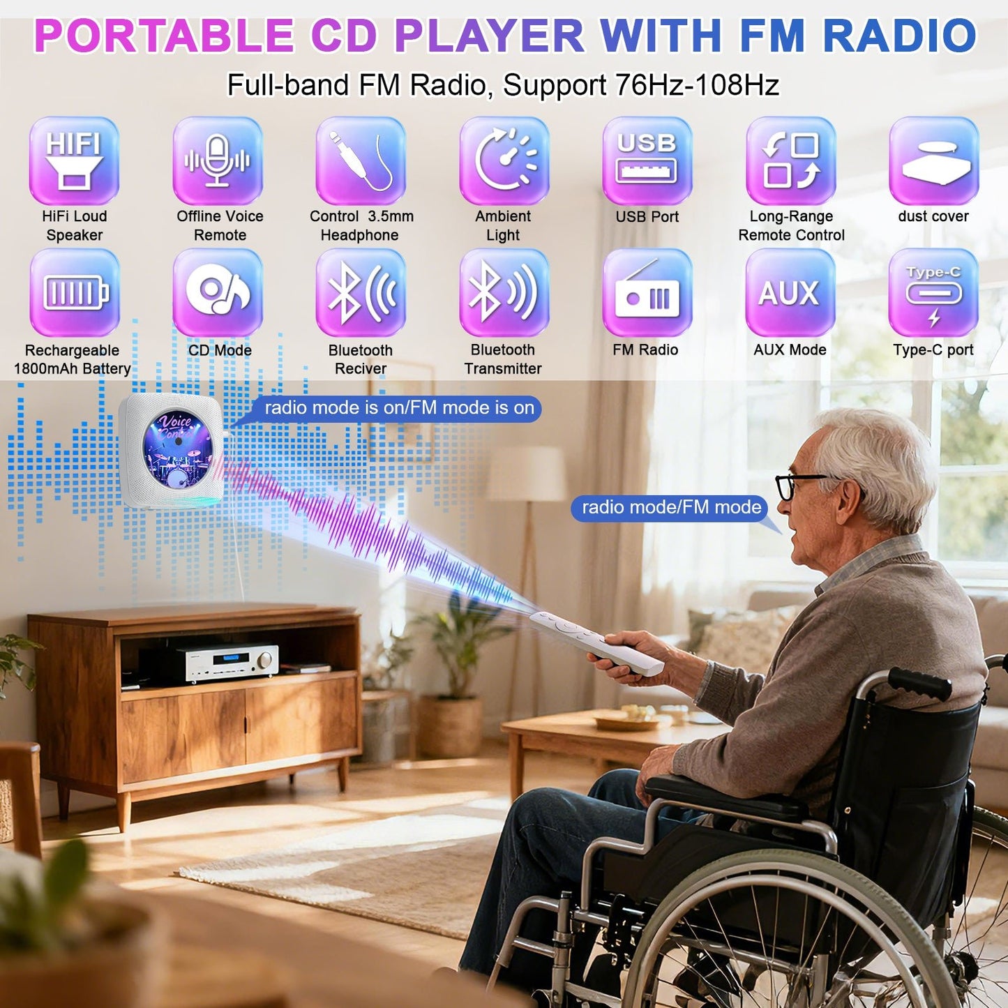 Gueray Y01 Voice - Controlled Portable CD Player – Hi - Fi Speaker - 1800mAh Rechargeable Battery